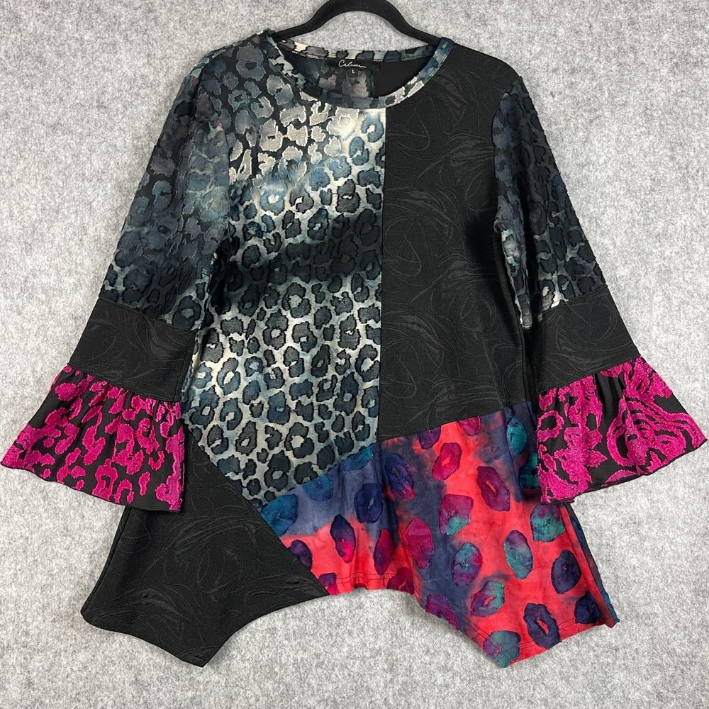 Calessa Tunic Top Womens Large‎ Mixed Print Textured Asymmetric Artsy Dopamine